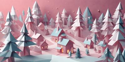 The primary subject of the image is a paper cutout of a small village with houses, trees, and a snowy landscape. The setting is a pink background, which adds a warm and cozy atmosphere to the scene. The visual style is a combination of digital art and illustration, as the paper cutout is skillfully crafted to resemble a real village. The colors and mood of the image are predominantly pink and white, creating a sense of warmth and tranquility.